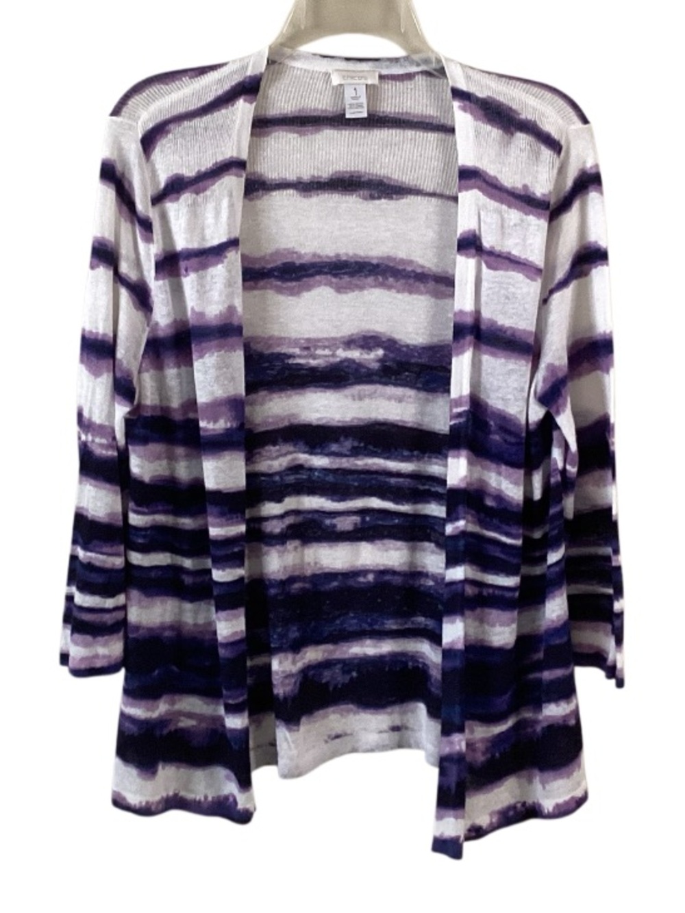 Chico’s Linen Striped Open Front Cardigan in White and Purple Tie Dye Medium